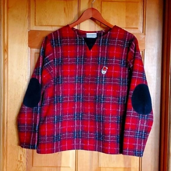Coldwater Creek Sz. M Red Plaid Heavy w/ elbow patches Pullover Sweater - Picture 1 of 7